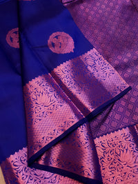 2G Pure  Kanjivaram Silk Saree in Royal Blue with Pink Amma Kuzhanthai Zari Buttas & Rich Pink Zari Border | Silkmark Certified