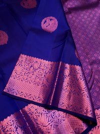 2G Pure  Kanjivaram Silk Saree in Royal Blue with Pink Amma Kuzhanthai Zari Buttas & Rich Pink Zari Border | Silkmark Certified