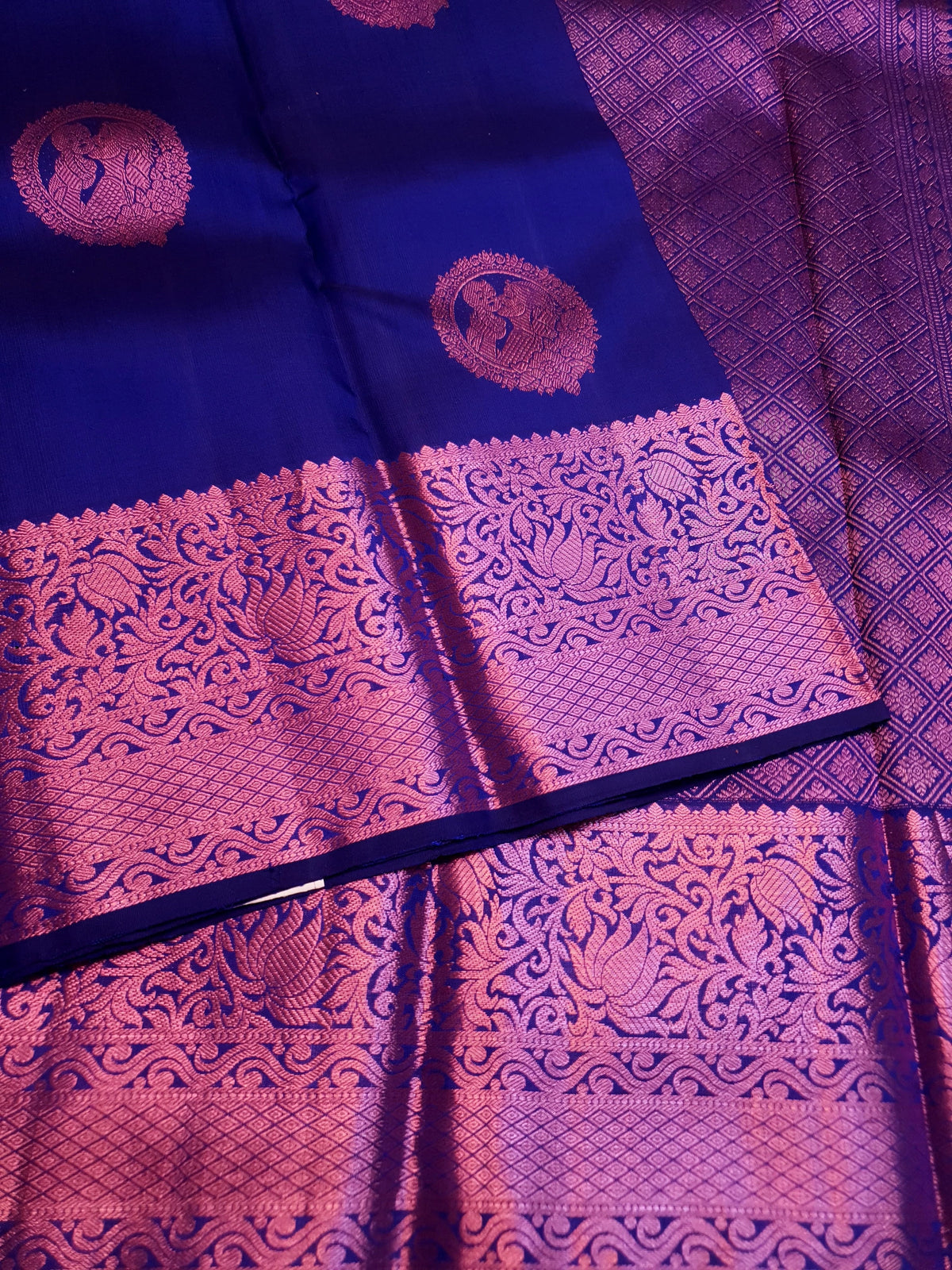 2G Pure  Kanjivaram Silk Saree in Royal Blue with Pink Amma Kuzhanthai Zari Buttas & Rich Pink Zari Border | Silkmark Certified