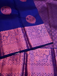 2G Pure  Kanjivaram Silk Saree in Royal Blue with Pink Amma Kuzhanthai Zari Buttas & Rich Pink Zari Border | Silkmark Certified