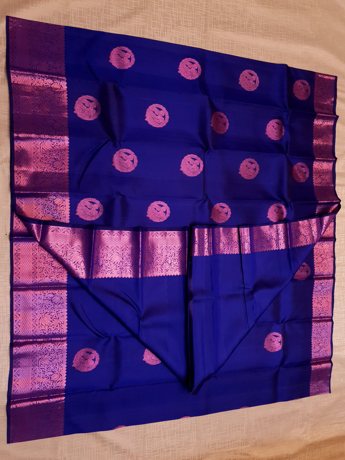 2G Pure  Kanjivaram Silk Saree in Royal Blue with Pink Amma Kuzhanthai Zari Buttas & Rich Pink Zari Border | Silkmark Certified