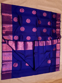 2G Pure  Kanjivaram Silk Saree in Royal Blue with Pink Amma Kuzhanthai Zari Buttas & Rich Pink Zari Border | Silkmark Certified