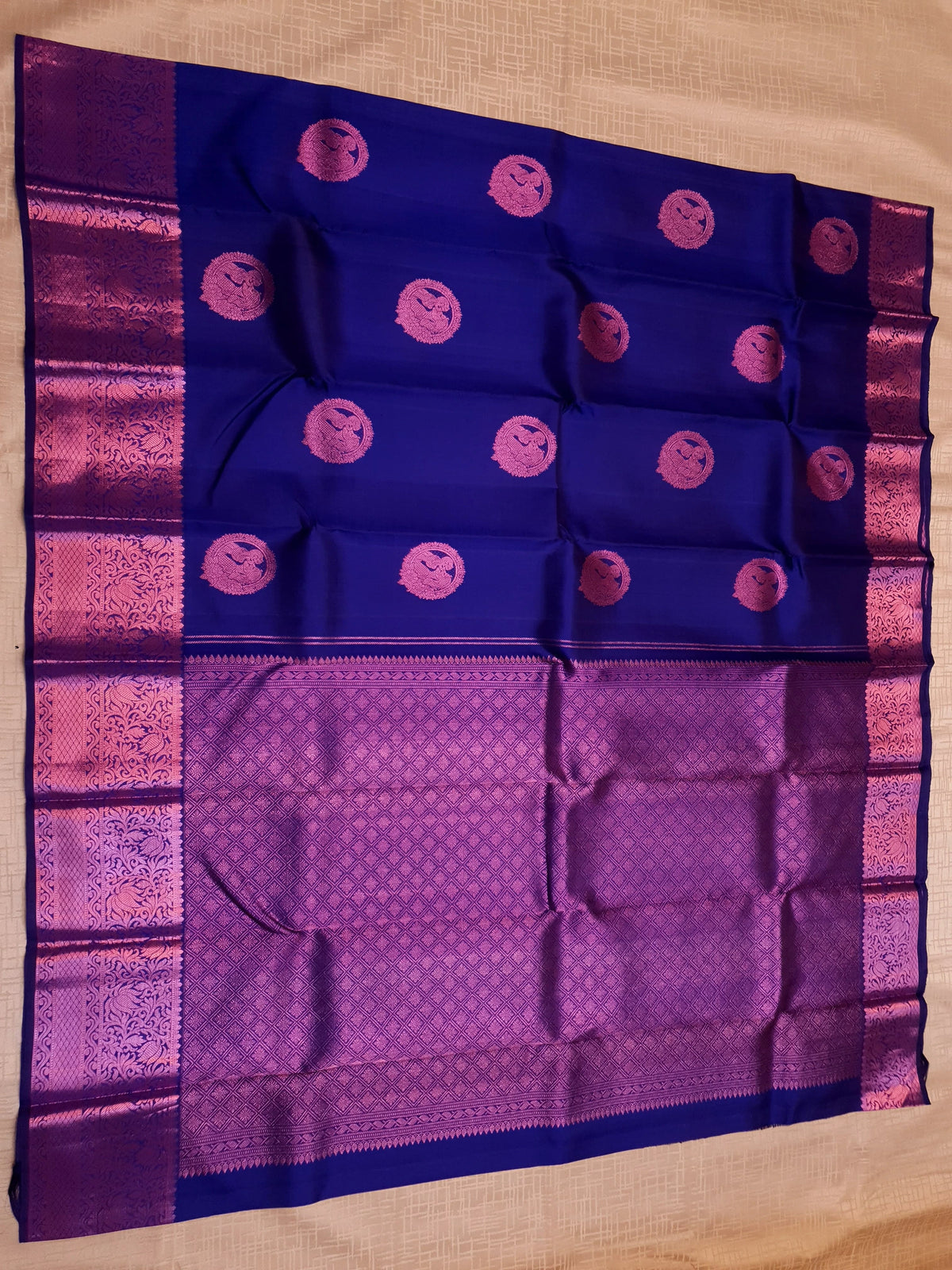2G Pure  Kanjivaram Silk Saree in Royal Blue with Pink Amma Kuzhanthai Zari Buttas & Rich Pink Zari Border | Silkmark Certified