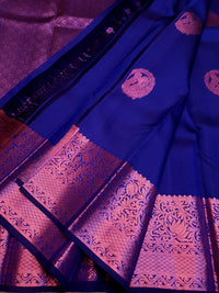 2G Pure  Kanjivaram Silk Saree in Royal Blue with Pink Amma Kuzhanthai Zari Buttas & Rich Pink Zari Border | Silkmark Certified