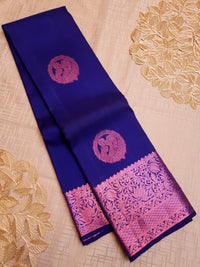 2G Pure  Kanjivaram Silk Saree in Royal Blue with Pink Amma Kuzhanthai Zari Buttas & Rich Pink Zari Border | Silkmark Certified