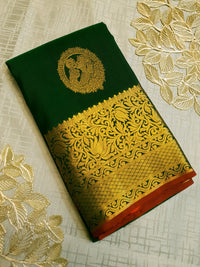 2G Pure Kanjivaram Silk Saree in Dark Green with Gold Amma Kuzhanthai Zari Buttas & Rich Gold Zari Border | Silkmark Certified