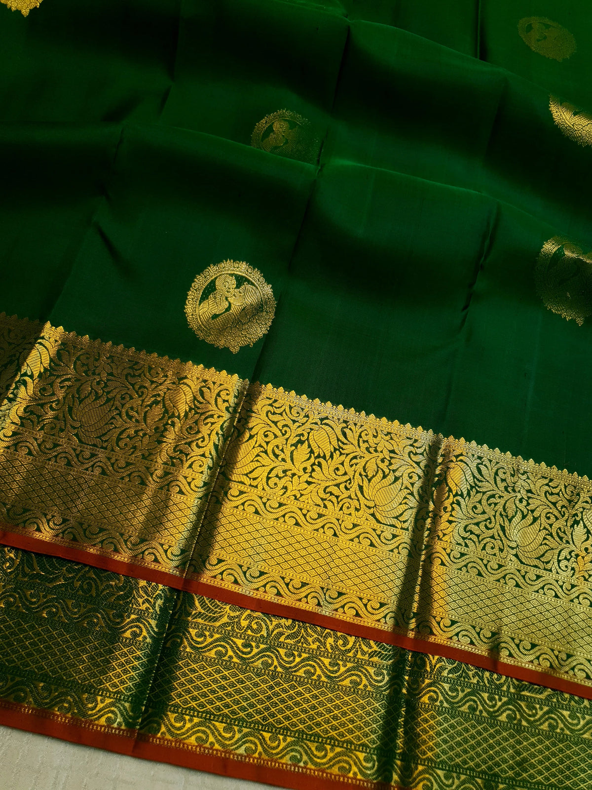 2G Pure Kanjivaram Silk Saree in Dark Green with Gold Amma Kuzhanthai Zari Buttas & Rich Gold Zari Border | Silkmark Certified