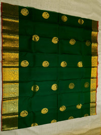 2G Pure Kanjivaram Silk Saree in Dark Green with Gold Amma Kuzhanthai Zari Buttas & Rich Gold Zari Border | Silkmark Certified