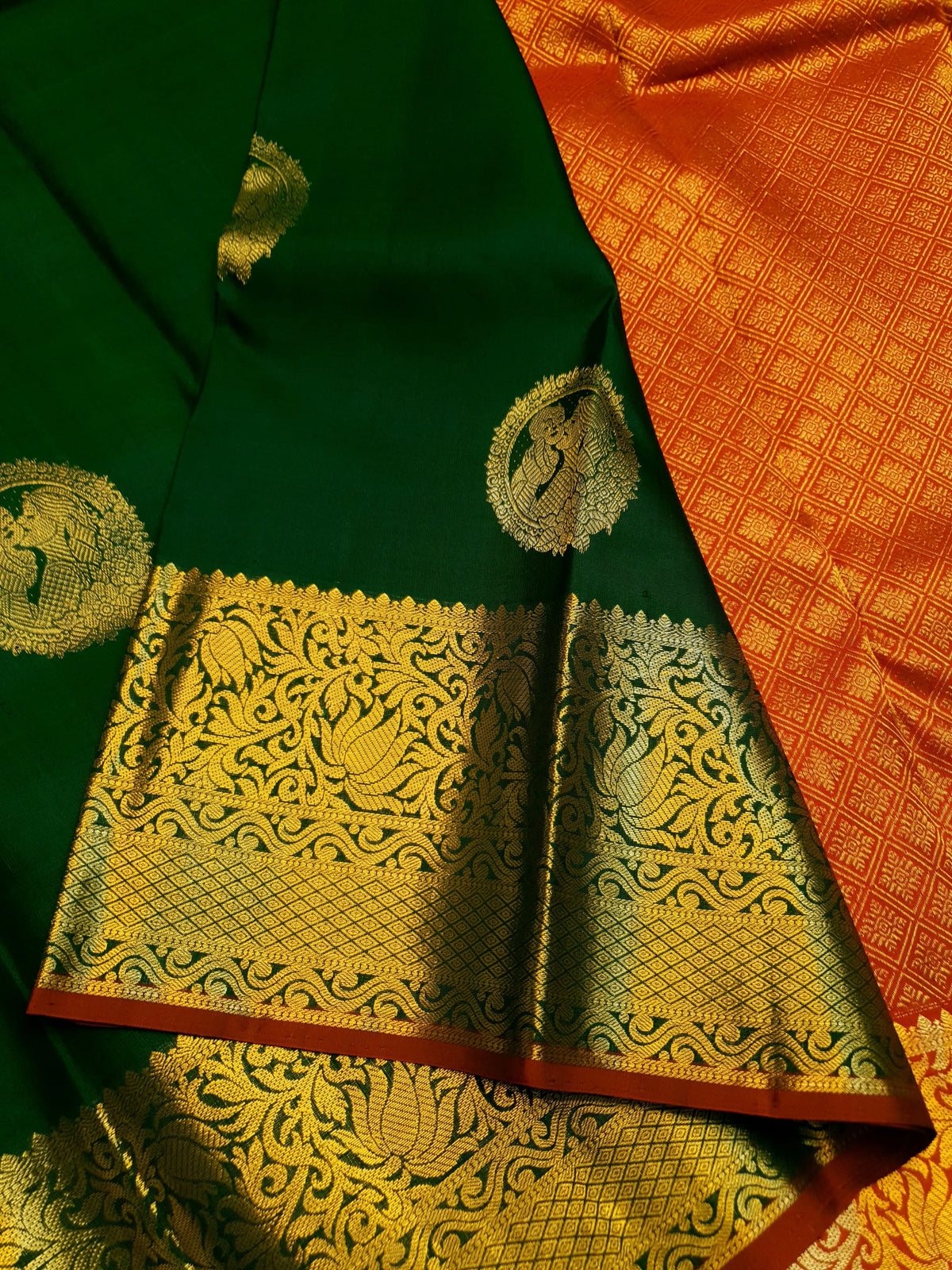 2G Pure Kanjivaram Silk Saree in Dark Green with Gold Amma Kuzhanthai Zari Buttas & Rich Gold Zari Border | Silkmark Certified
