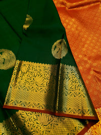 2G Pure Kanjivaram Silk Saree in Dark Green with Gold Amma Kuzhanthai Zari Buttas & Rich Gold Zari Border | Silkmark Certified