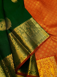 2G Pure Kanjivaram Silk Saree in Dark Green with Gold Amma Kuzhanthai Zari Buttas & Rich Gold Zari Border | Silkmark Certified
