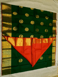 2G Pure Kanjivaram Silk Saree in Dark Green with Gold Amma Kuzhanthai Zari Buttas & Rich Gold Zari Border | Silkmark Certified