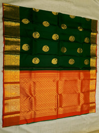 2G Pure Kanjivaram Silk Saree in Dark Green with Gold Amma Kuzhanthai Zari Buttas & Rich Gold Zari Border | Silkmark Certified