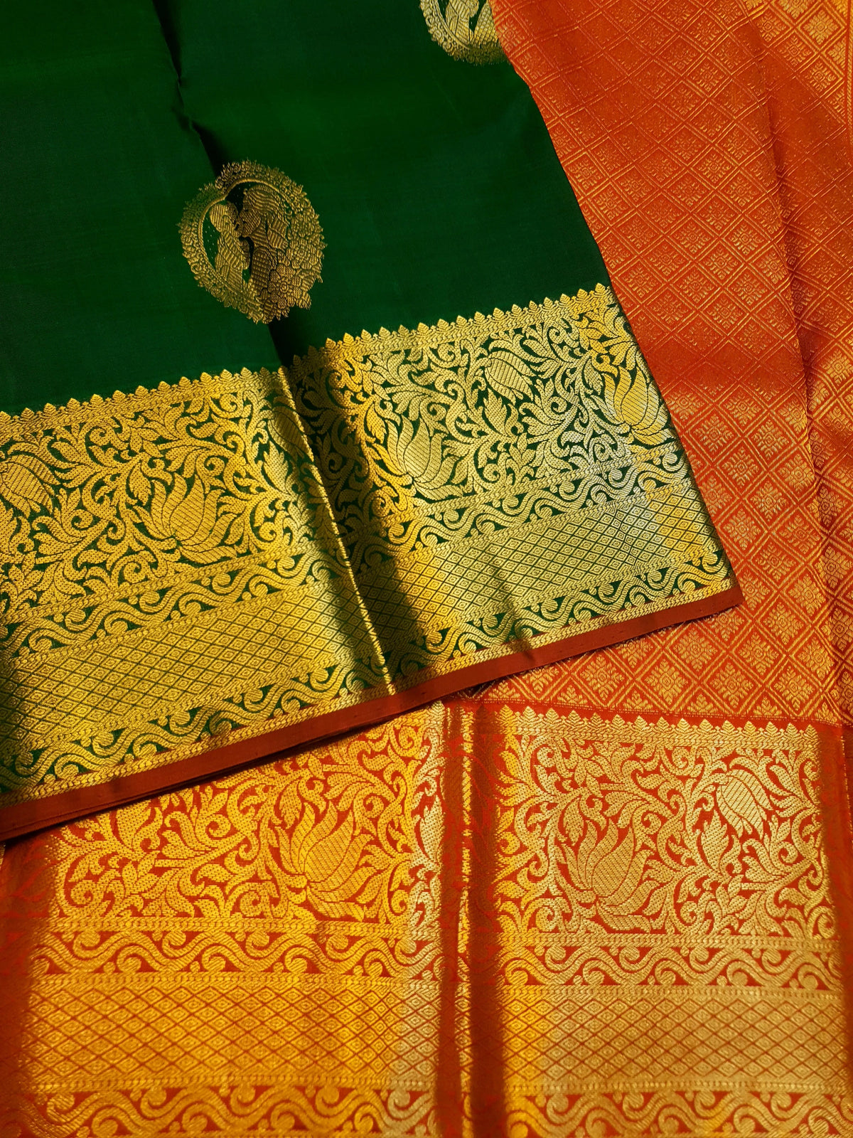 2G Pure Kanjivaram Silk Saree in Dark Green with Gold Amma Kuzhanthai Zari Buttas & Rich Gold Zari Border | Silkmark Certified