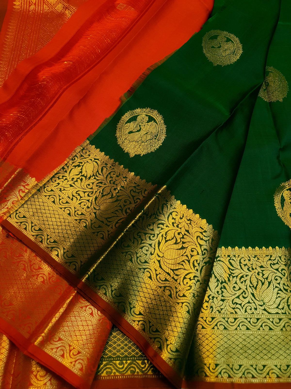 2G Pure Kanjivaram Silk Saree in Dark Green with Gold Amma Kuzhanthai Zari Buttas & Rich Gold Zari Border | Silkmark Certified