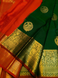 2G Pure Kanjivaram Silk Saree in Dark Green with Gold Amma Kuzhanthai Zari Buttas & Rich Gold Zari Border | Silkmark Certified