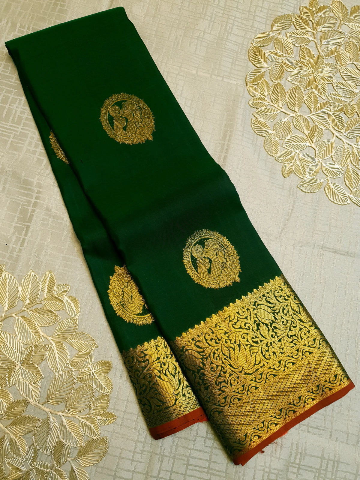 2G Pure Kanjivaram Silk Saree in Dark Green with Gold Amma Kuzhanthai Zari Buttas & Rich Gold Zari Border | Silkmark Certified