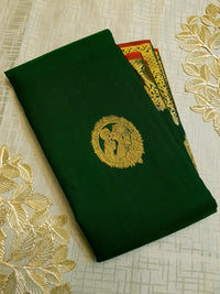 2G Pure Kanjivaram Silk Saree in Dark Green with Gold Amma Kuzhanthai Zari Buttas & Rich Gold Zari Border | Silkmark Certified