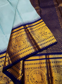 2G Pure Korvai Kanjivaram Silk Saree in Pastel Blue with Navy Blue Silkmark Certified