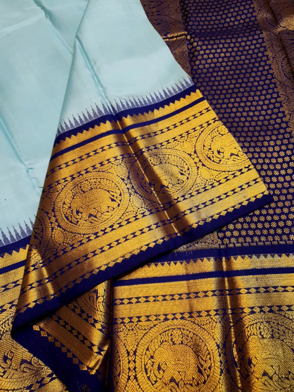 2G Pure Korvai Kanjivaram Silk Saree in Pastel Blue with Navy Blue Silkmark Certified