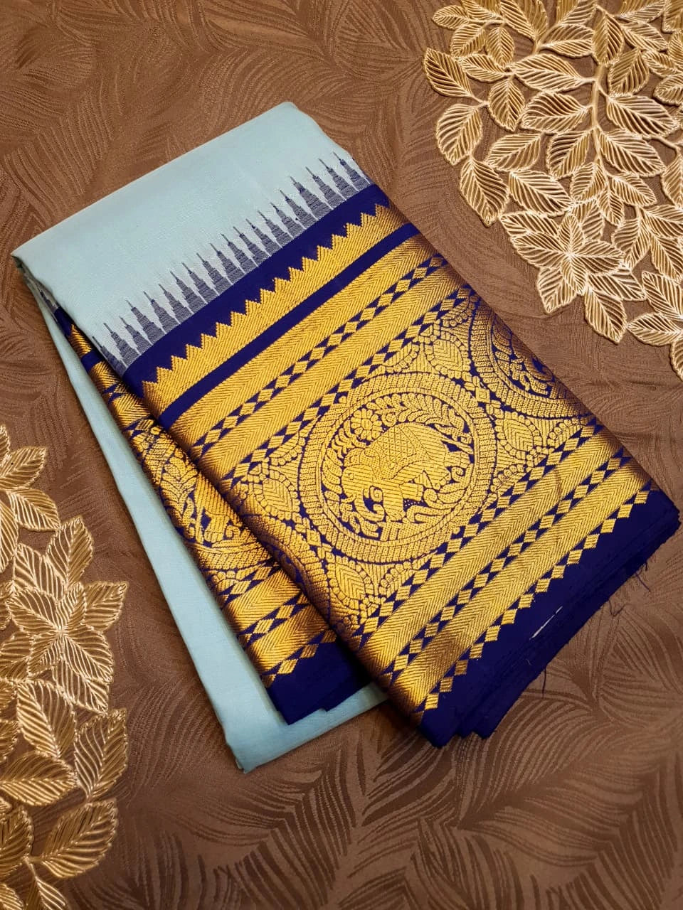 2G Pure Korvai Kanjivaram Silk Saree in Pastel Blue with Navy Blue Silkmark Certified