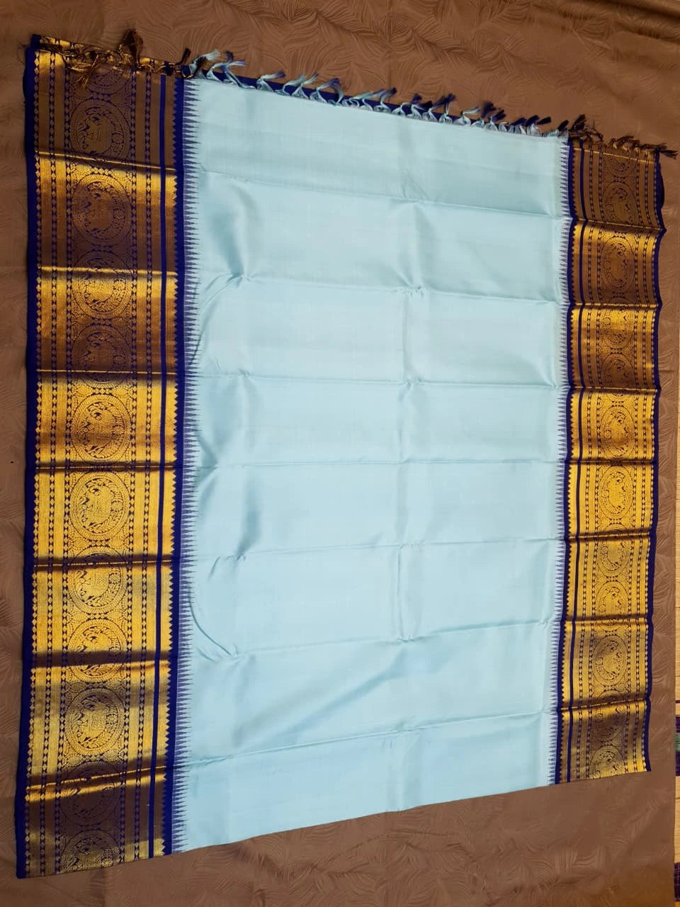 2G Pure Korvai Kanjivaram Silk Saree in Pastel Blue with Navy Blue Silkmark Certified