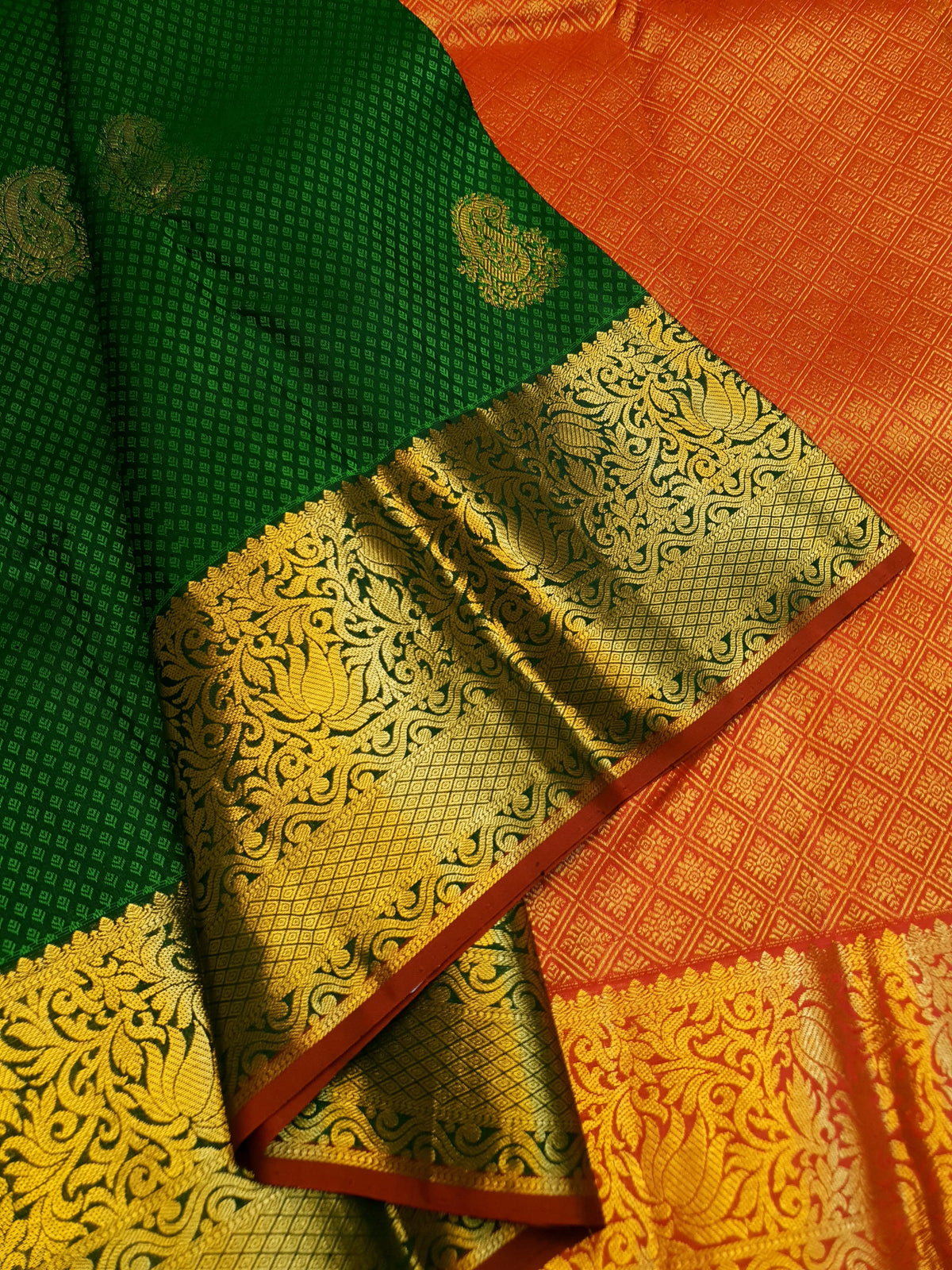 2G Kanjivaram Silk Saree in Deep Green with Gold Paisley Buttas & Rich Floral Zari Border | Silkmark Certified