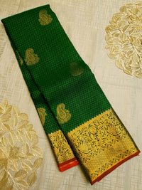 2G Kanjivaram Silk Saree in Deep Green with Gold Paisley Buttas & Rich Floral Zari Border | Silkmark Certified