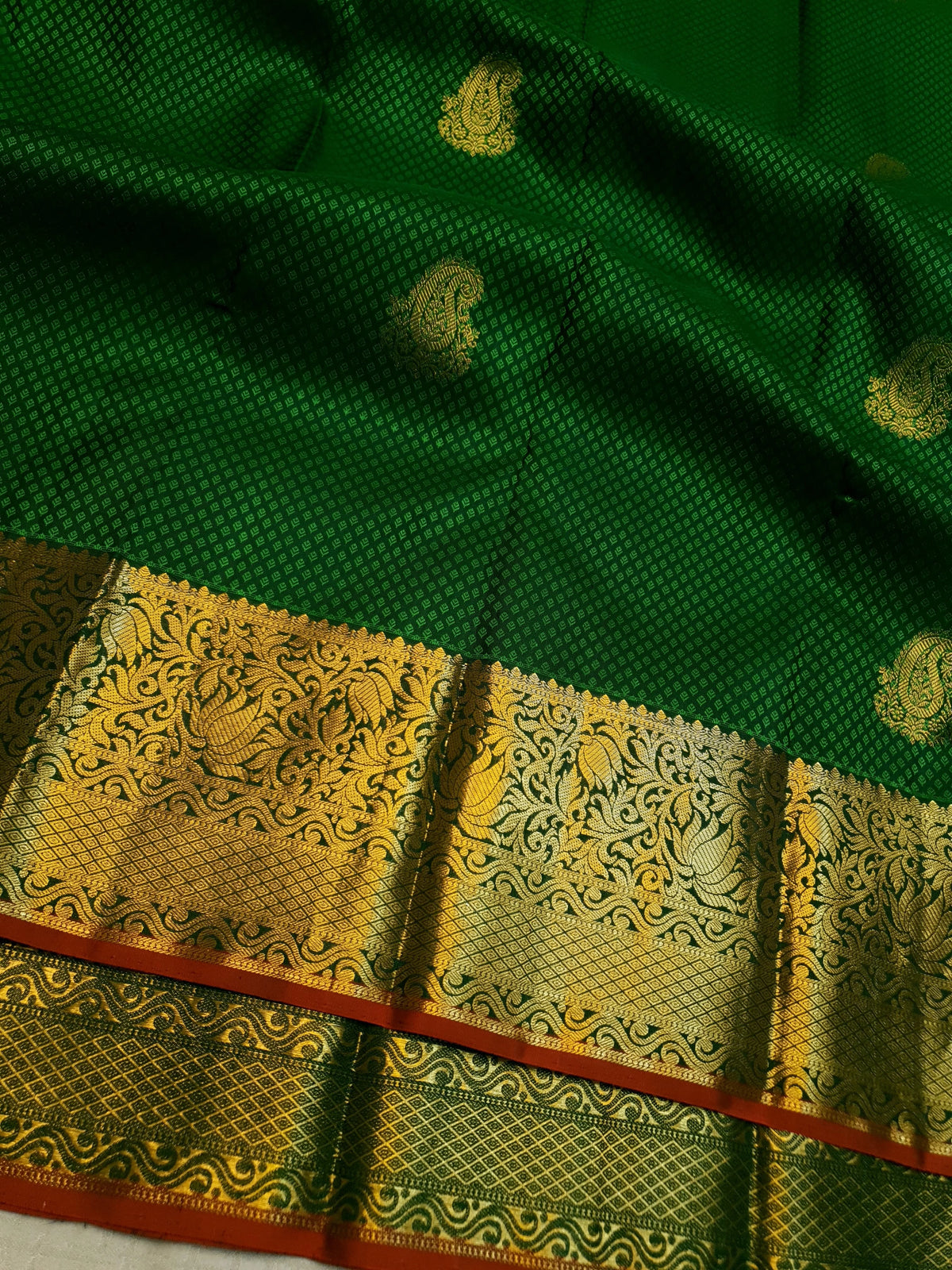 2G Kanjivaram Silk Saree in Deep Green with Gold Paisley Buttas & Rich Floral Zari Border | Silkmark Certified