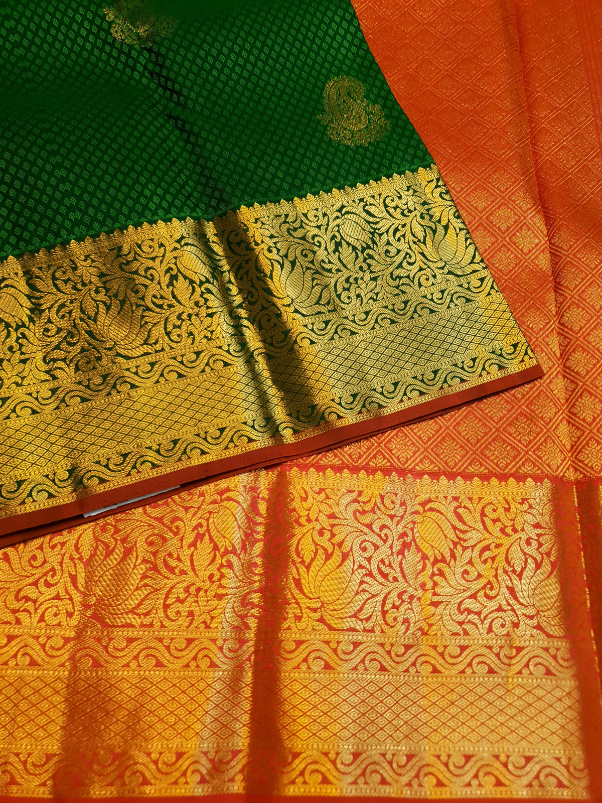 2G Kanjivaram Silk Saree in Deep Green with Gold Paisley Buttas & Rich Floral Zari Border | Silkmark Certified