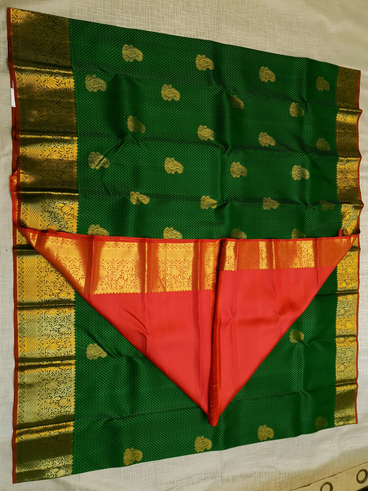 2G Kanjivaram Silk Saree in Deep Green with Gold Paisley Buttas & Rich Floral Zari Border | Silkmark Certified