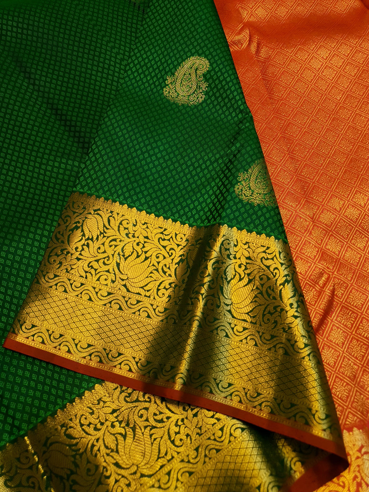 2G Kanjivaram Silk Saree in Deep Green with Gold Paisley Buttas & Rich Floral Zari Border | Silkmark Certified
