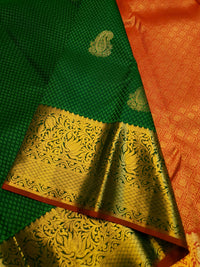 2G Kanjivaram Silk Saree in Deep Green with Gold Paisley Buttas & Rich Floral Zari Border | Silkmark Certified