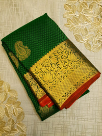 2G Kanjivaram Silk Saree in Deep Green with Gold Paisley Buttas & Rich Floral Zari Border | Silkmark Certified