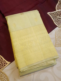 2G Pure Kanjivaram Silk Saree in Pastel Yellow with Rich Gold Zari Buttas & Traditional Zari Border | Silkmark Certified