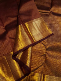 2G Pure Kanjivaram Silk Saree in Rich Brown with Antique Gold Zari Border | Silkmark Certified