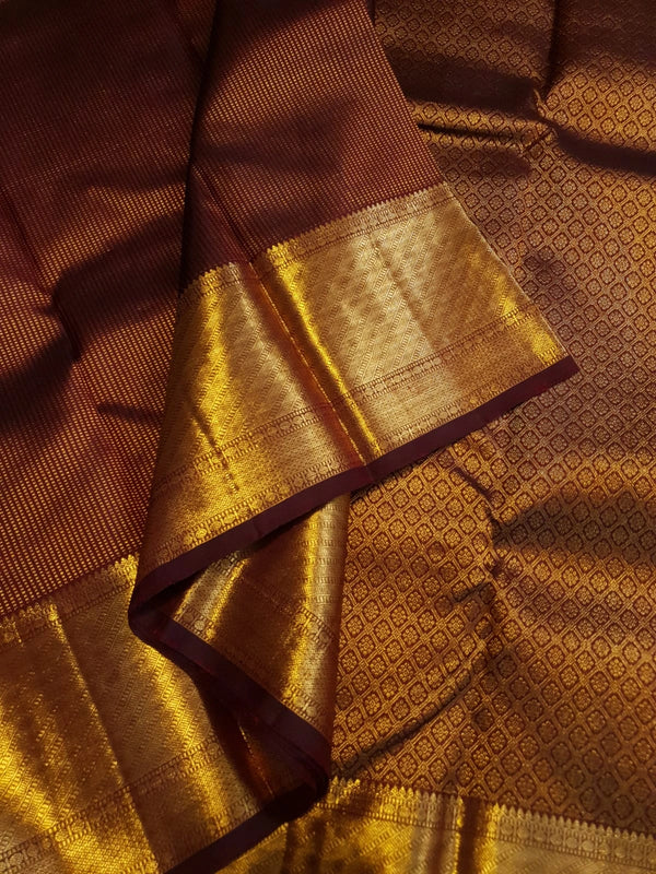 2G Pure Kanjivaram Silk Saree in Rich Brown with Antique Gold Zari Border | Silkmark Certified