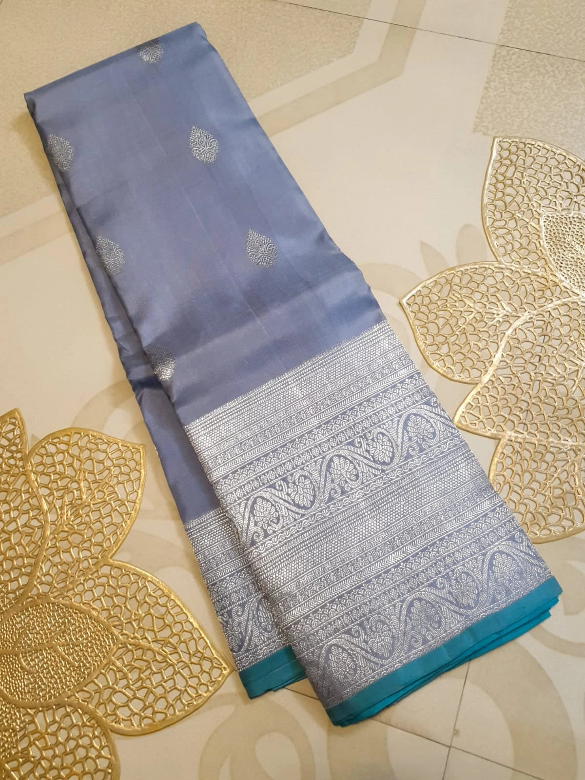 2G Pure Kanjivaram Silk Saree in Greyish Blue  Teal Blue | Silkmark Certified
