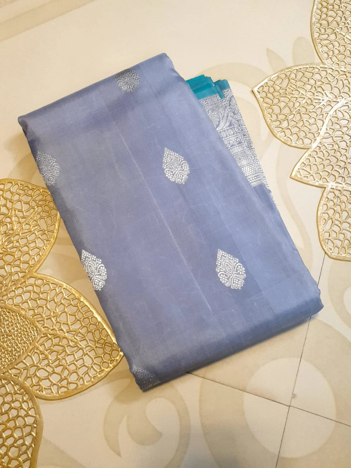 2G Pure Kanjivaram Silk Saree in Greyish Blue  Teal Blue | Silkmark Certified