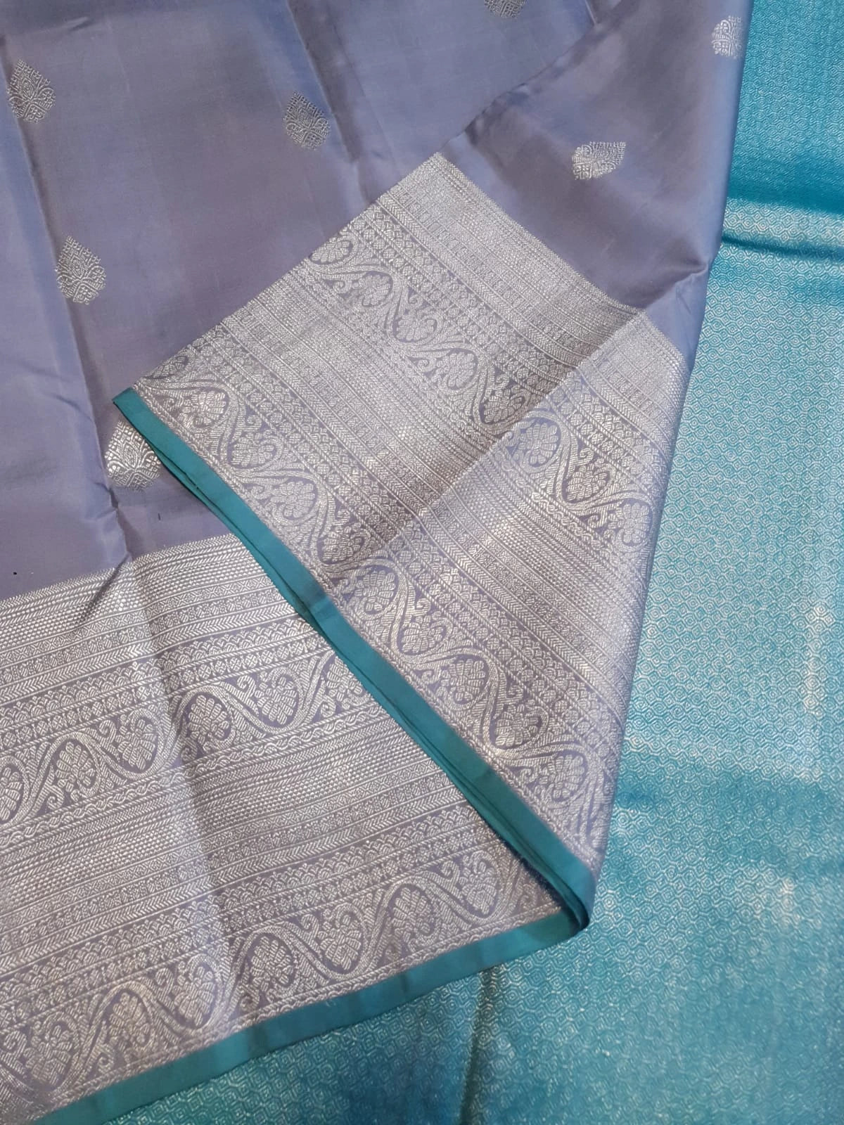 2G Pure Kanjivaram Silk Saree in Greyish Blue  Teal Blue | Silkmark Certified