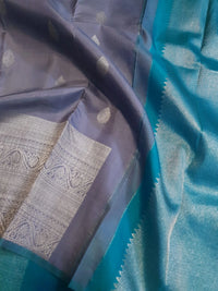 2G Pure Kanjivaram Silk Saree in Greyish Blue  Teal Blue | Silkmark Certified
