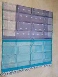 2G Pure Kanjivaram Silk Saree in Greyish Blue  Teal Blue | Silkmark Certified