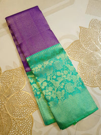2G Pure Kanjivaram Silk Saree in Rich Purple with Contrast Turquoise Green Floral Zari Border & Pallu | Silkmark Certified
