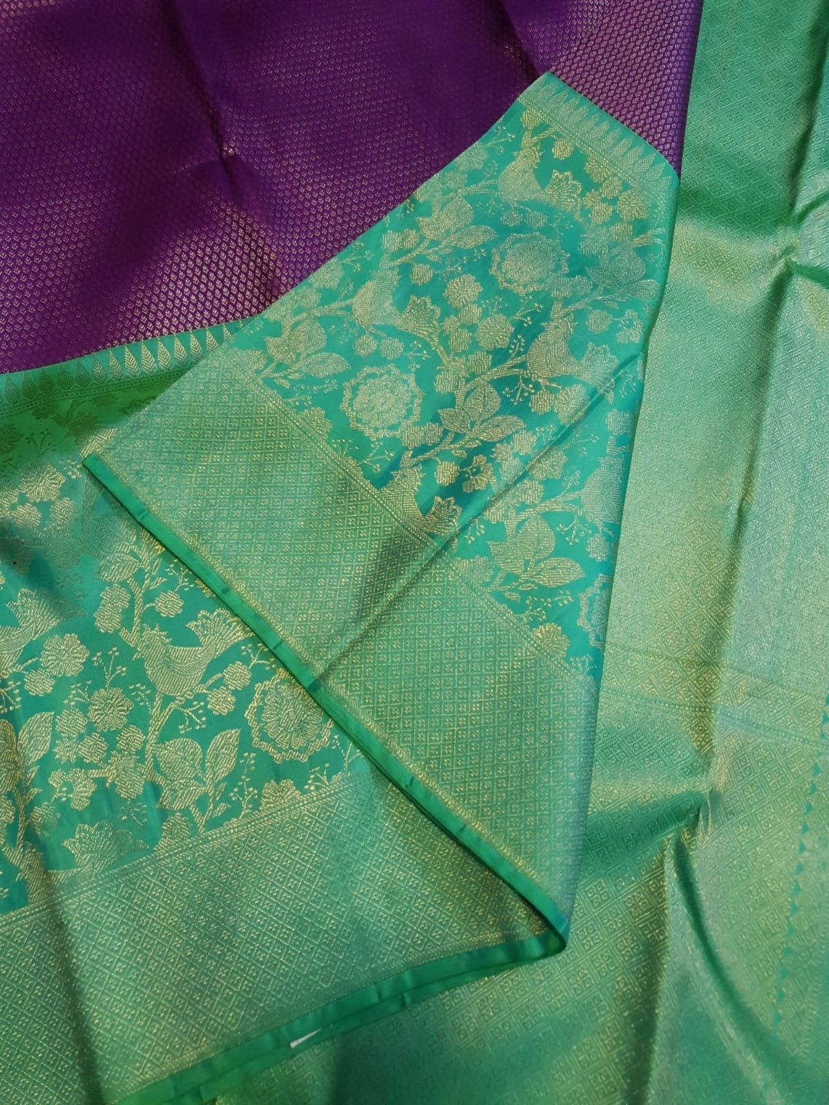 2G Pure Kanjivaram Silk Saree in Rich Purple with Contrast Turquoise Green Floral Zari Border & Pallu | Silkmark Certified