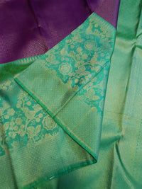 2G Pure Kanjivaram Silk Saree in Rich Purple with Contrast Turquoise Green Floral Zari Border & Pallu | Silkmark Certified