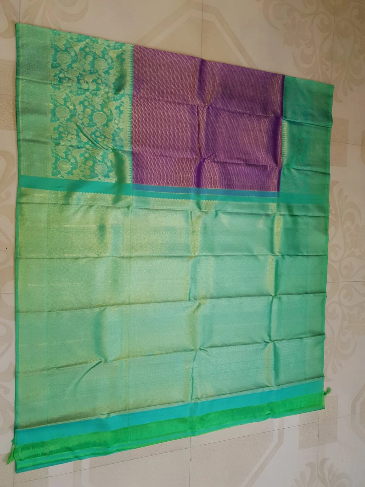 2G Pure Kanjivaram Silk Saree in Rich Purple with Contrast Turquoise Green Floral Zari Border & Pallu | Silkmark Certified