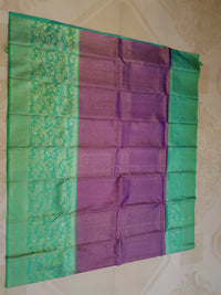 2G Pure Kanjivaram Silk Saree in Rich Purple with Contrast Turquoise Green Floral Zari Border & Pallu | Silkmark Certified