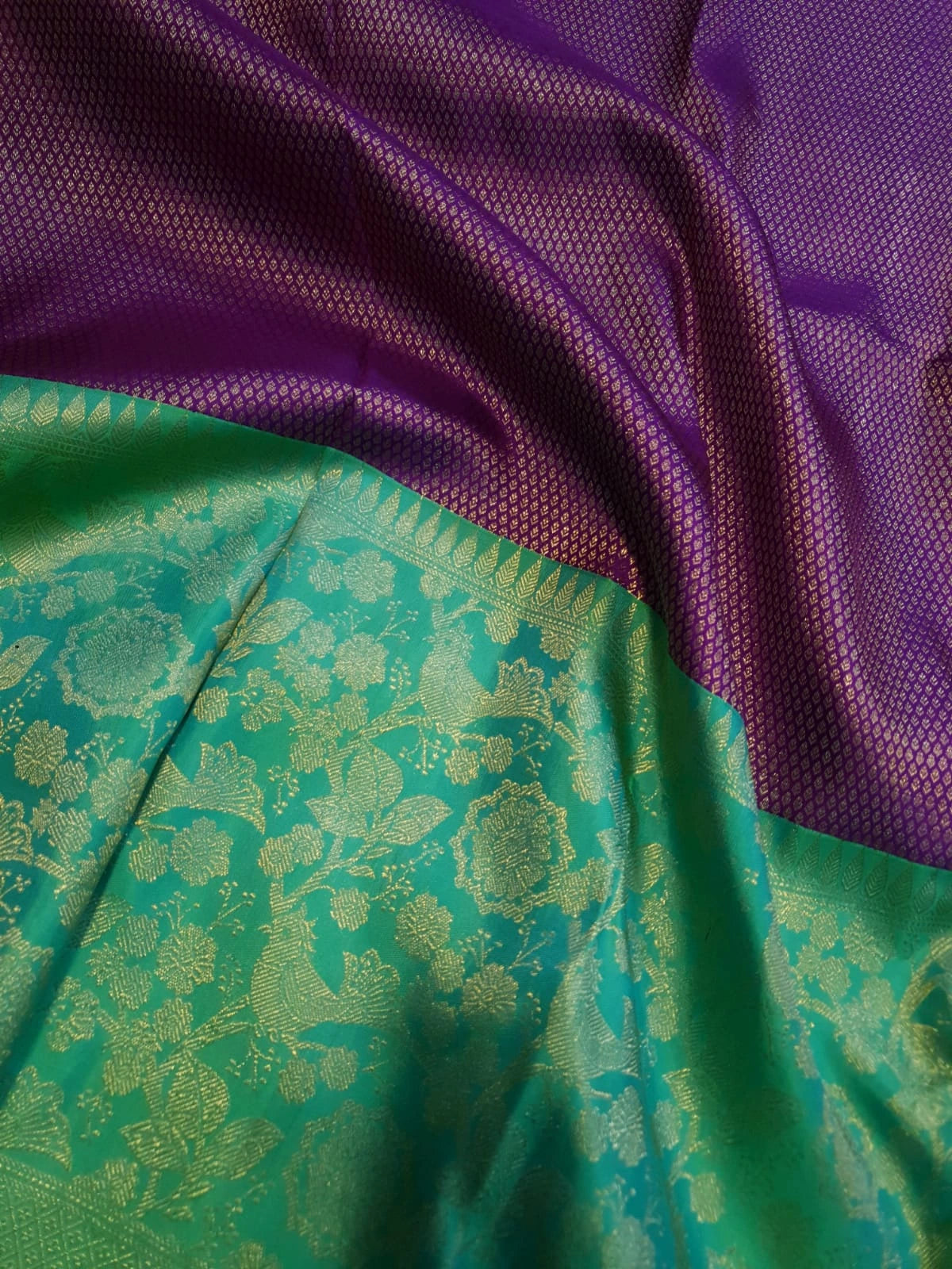 2G Pure Kanjivaram Silk Saree in Rich Purple with Contrast Turquoise Green Floral Zari Border & Pallu | Silkmark Certified