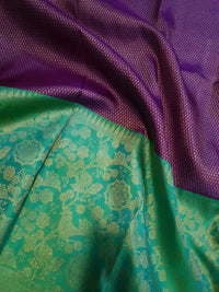 2G Pure Kanjivaram Silk Saree in Rich Purple with Contrast Turquoise Green Floral Zari Border & Pallu | Silkmark Certified