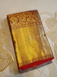 2G Pure Kanjivaram Silk Saree in Grey with rustic red | Silkmark Certified